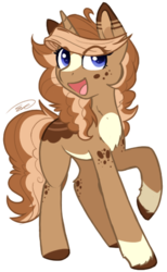 Size: 343x558 | Tagged: safe, artist:doekitty, oc, oc only, pony, unicorn, curly hair, cute, female, markings, open mouth, raised leg, simple background, smiling, solo, transparent, transparent background