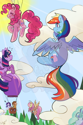 Size: 945x1417 | Tagged: safe, artist:silverknight27, applejack, fluttershy, pinkie pie, rainbow dash, rarity, starlight glimmer, twilight sparkle, alicorn, pony, g4, balloon, hot air balloon, mane six, twilight sparkle (alicorn)