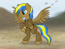 Size: 3961x3000 | Tagged: safe, artist:orang111, oc, oc only, oc:rack redstar, pegasus, pony, afghanistan, airborne, bipedal, clothes, desert, helicopter, high res, military, military uniform, mountain, requested art, solo, soviet, soviet pony, soviet russia, soviet union, uniform