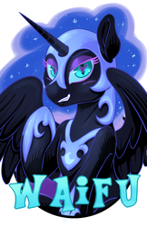 Size: 825x1275 | Tagged: safe, artist:halley-valentine, artist:hobbes-maxwell, nightmare moon, pony, blushing, female, grin, heart, heart eyes, looking at you, mare, smiling, solo, waifu, waifu badge, wingding eyes