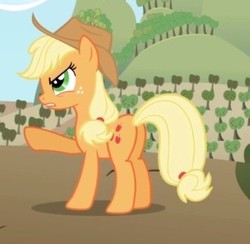 Size: 335x327 | Tagged: safe, screencap, applejack, earth pony, pony, applebuck season, g4, butt, cropped, female, freckles, mare, plot, pointing, raised hoof, solo