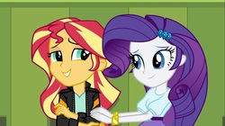 Size: 1100x618 | Tagged: safe, screencap, rarity, sunset shimmer, equestria girls, g4, my little pony equestria girls: friendship games