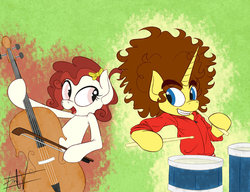 Size: 900x692 | Tagged: safe, artist:eat-at-eriks, oc, oc only, earth pony, pony, unicorn, cello, drums, musical instrument