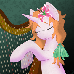 Size: 1600x1600 | Tagged: safe, artist:deathaura40s, oc, oc only, flower, flower in hair, harp, musical instrument, solo