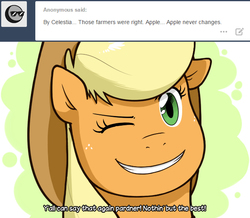 Size: 623x543 | Tagged: safe, artist:redhotkick, applejack, g4, female, one eye closed, solo, wink