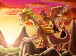 Size: 1024x759 | Tagged: safe, artist:inuhoshi-to-darkpen, spike, twilight sparkle, alicorn, dragon, pony, g4, adult spike, armor, guardians of harmony, magic, mountain, older, ponies riding dragons, riding, spikezilla, spread wings, sunset, telekinesis, toy interpretation, twilight (astronomy), twilight riding spike, twilight sparkle (alicorn), unshorn fetlocks