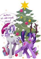 Size: 800x1134 | Tagged: safe, artist:kolshica, twilight sparkle, twilight velvet, pony, unicorn, g4, antlers, christmas, christmas tree, dialogue, duo, engrish, female, floppy ears, hat, mother and daughter, open mouth, raised hoof, santa hat, simple background, tree, unicorn twilight, white background