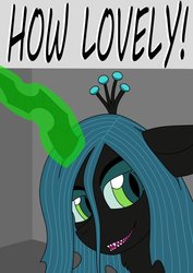 Size: 752x1063 | Tagged: safe, artist:emerald tear, queen chrysalis, g4, fangs, female, glowing horn, horn, sharp teeth, solo, text