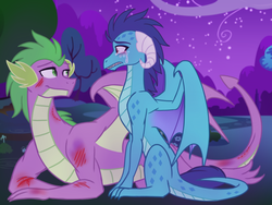 Size: 1280x960 | Tagged: safe, artist:tamersworld, princess ember, spike, dragon, g4, bite mark, blood, bruised, crying, dragon lord ember, dragoness, duo, duo male and female, female, injured, looking at each other, looking at someone, lying down, male, male and female, older, older ember, older spike, sad, scar, scratches, ship:emberspike, shipping, sitting, smiling, story in the source, straight, teary eyes, winged spike, wings
