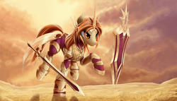 Size: 1944x1111 | Tagged: safe, artist:zigword, pony, armor, female, league of legends, leona, mare, ponified, running, shield, solo, sword, weapon