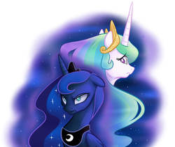 Size: 1600x1349 | Tagged: safe, artist:vampireselene13, princess celestia, princess luna, g4, floppy ears, frown