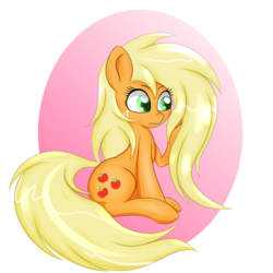 Size: 2500x2500 | Tagged: safe, artist:canister, applejack, g4, female, high res, long mane, loose hair, sitting, solo