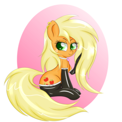 Size: 2500x2500 | Tagged: safe, artist:canister, applejack, earth pony, pony, g4, bedroom eyes, clothes, ear piercing, earring, female, high res, jewelry, latex, latex socks, long mane, loose hair, mare, necklace, piercing, sitting, socks, solo, stockings