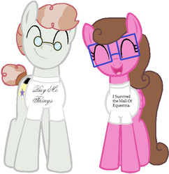 Size: 609x628 | Tagged: dead source, safe, artist:thefanficfanpony, svengallop, oc, oc:crescendo hearts, earth pony, pegasus, pony, g4, duo, female, male, mare, simple background, stallion, t-shirt, white background