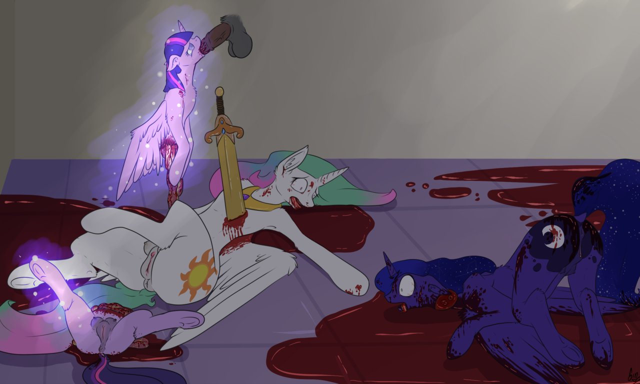 ...grimdark, grotesque, artist:poisindoodles, princess celestia, princess l...