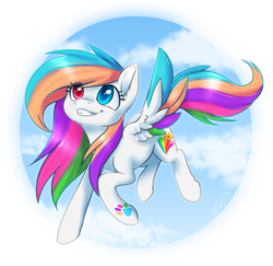 Size: 1177x1145 | Tagged: safe, artist:doekitty, oc, oc only, oc:starblaze, pegasus, pony, cloud, flying, heterochromia, sky, solo