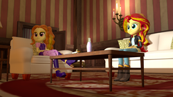 Size: 1920x1080 | Tagged: dead source, safe, artist:razethebeast, adagio dazzle, sunset shimmer, equestria girls, g4, 3d, chair, clothes, couch, crossed legs, cute, food, leather jacket, plate, sandwich, sitting, smiling, table, vase, watching