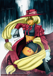 Size: 1280x1810 | Tagged: safe, artist:rayzor-sharp, applejack, human, g4, alucard, breasts, busty applejack, crossover, female, hellsing, humanized, pony coloring, solo, tailed humanization, weapon