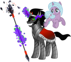 Size: 5058x4409 | Tagged: safe, artist:osipush, idw, king sombra, radiant hope, g4, absurd resolution, armor, cape, clothes, crying, dark magic, heroes of might and magic, levitation, ponies of flight and magic, red eyes, simple background, sombra eyes, transparent background, weapon