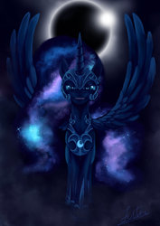 Size: 1024x1448 | Tagged: dead source, safe, artist:spectrumblaze, nightmare moon, alicorn, pony, g4, eclipse, female, grin, looking at you, smiling, solar eclipse, solo, spread wings