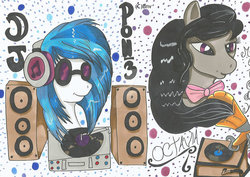 Size: 1063x752 | Tagged: safe, artist:breakneckviolet, dj pon-3, octavia melody, vinyl scratch, g4, alternate hairstyle, bowtie, headphones, record player, subwoofer, turntable