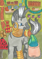 Size: 752x1063 | Tagged: safe, artist:breakneckviolet, zecora, zebra, g4, female, jug, mirror, mouth hold, potion, solo, vase