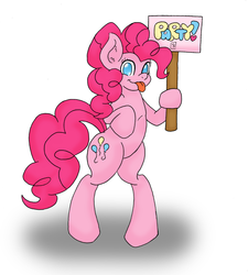 Size: 1280x1420 | Tagged: safe, artist:dimvitrarius, pinkie pie, earth pony, pony, g4, bipedal, cute, female, holding, hoof hold, mare, sign, solo, tongue out, traditional art