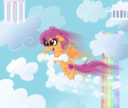 Size: 1122x946 | Tagged: safe, artist:supersheep64, scootaloo, pegasus, pony, g4, cloud, cutie mark, rainbow waterfall, scooter, solo, the cmc's cutie marks