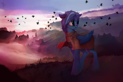 Size: 1920x1280 | Tagged: safe, artist:apostolllll, oc, oc only, clothes, floppy ears, leaves, mist, mountain, scenery, solo, valley