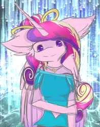 Size: 1024x1309 | Tagged: safe, artist:scarlet-vexin, princess cadance, anthro, g4, clothes, female, jewelry, midriff, necklace, sketchy, solo