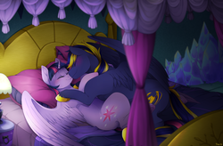 Size: 1524x1000 | Tagged: safe, artist:mr-tiaa, twilight sparkle, oc, oc:zephyr, alicorn, pony, g4, bed, blushing, canon x oc, cuddling, duo, eyes closed, female, male, nuzzling, on back, shipping, snuggling, spread wings, straight, twilight sparkle (alicorn), twiphyr