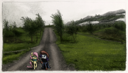 Size: 800x460 | Tagged: safe, artist:hewison, fluttershy, rarity, g4, beret, clothes, duo, raised hoof, road, scarf, scenery, talking, walking, wind