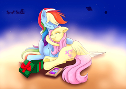 Size: 3508x2480 | Tagged: safe, artist:reptilianbirds, fluttershy, rainbow dash, pony, g4, christmas, crying, cuddling, female, hat, high res, holiday, hug, lesbian, mare, picture, present, santa hooves, ship:flutterdash, shipping, snuggling, tears of joy