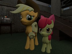 Size: 1024x768 | Tagged: safe, artist:sonic5421, apple bloom, applejack, g4, 3d, basement, gmod, scared, worried