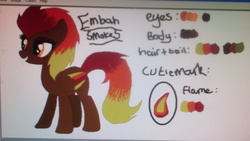 Size: 3072x1728 | Tagged: safe, artist:jessydraws, oc, oc only, oc:embah smokes, pegasus, pony, computer, female, freckles, magical lesbian spawn, offspring, parent:oc:charred smoke, parent:oc:golden rose (ice1517), parents:oc x oc, picture, reference sheet, solo, teenager