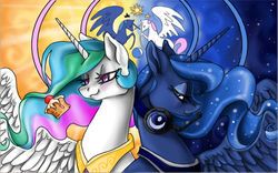 Size: 1200x750 | Tagged: safe, artist:catpensive, princess celestia, princess luna, gamer luna, g4, cake, cakelestia, food, headset