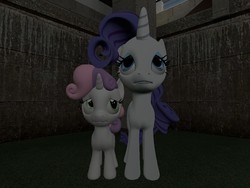 Size: 1024x768 | Tagged: safe, artist:sonic5421, rarity, sweetie belle, g4, 3d, basement, female, gmod, scared, siblings, sisters, worried