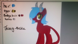 Size: 3072x1728 | Tagged: safe, artist:jessydraws, oc, oc only, oc:jessy-belle, demon, demon pony, devil, original species, computer, devil horns, devil tail, hair over one eye, picture, slit pupils, solo