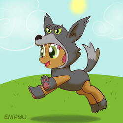Size: 1000x1000 | Tagged: safe, artist:empyu, babs seed, earth pony, pony, g4, adorababs, animal costume, big babs wolf, clothes, costume, cute, female, solo, wolf costume