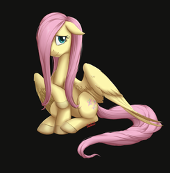 Size: 920x937 | Tagged: safe, artist:fluffygosuperpiggy, fluttershy, pegasus, pony, g4, black background, cute, female, floppy ears, hair over one eye, looking at you, shy, shyabetes, simple background, sitting, solo, spread wings, wings