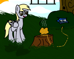 Size: 1080x850 | Tagged: safe, artist:dec18kevin, derpy hooves, princess luna, pegasus, pony, g4, bait, female, food, it's a trap, mare, muffin, rope, tree stump