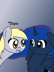 Size: 724x960 | Tagged: safe, artist:dec18kevin, derpy hooves, princess luna, pegasus, pony, 3:, :p, :t, eye contact, female, floppy ears, frown, mare, poo brain, spread wings, stare, tongue out, wavy mouth, worried