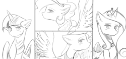 Size: 5000x2349 | Tagged: safe, artist:kurochhi, princess cadance, princess celestia, princess luna, twilight sparkle, alicorn, pony, g4, alicorn tetrarchy, monochrome, twilight sparkle (alicorn)