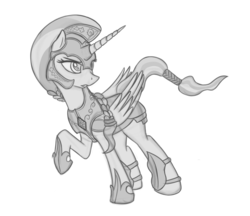 Size: 800x691 | Tagged: safe, artist:marmorexx, oc, oc only, oc:princess harmony, alicorn, pony, alicorn oc, armor, horn, monochrome, solo, wings