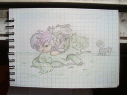 Size: 2592x1944 | Tagged: safe, artist:lalieri, oc, oc only, oc:grass, oc:sign, oc:stone, oc:sweet pop, pony, pony town, graph paper, lined paper, traditional art