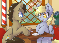 Size: 1477x1080 | Tagged: safe, artist:sapphfyr, derpy hooves, doctor whooves, time turner, earth pony, pegasus, pony, g4, chest fluff, ear fluff, fanfic art, female, fluffy, food, male, mare, muffin, sitting, stallion, table