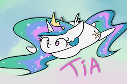 Size: 1000x666 | Tagged: safe, artist:sunny way, princess celestia, alicorn, pony, rcf community, g4, abstract background, chibi, female, prone, solo