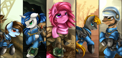 Size: 4259x2038 | Tagged: safe, artist:pridark, oc, oc only, oc:chosen heart, oc:sparkplug, oc:timewise, fallout equestria, fallout equestria: doctor's orders, cave, clothes, commission, crew, group, helmet, high res, open mouth, raised hoof, signature, split screen, uniform, wrench