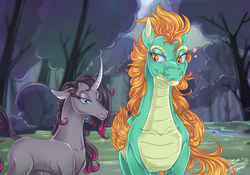 Size: 1015x710 | Tagged: safe, artist:divasaorin, oleander (tfh), tianhuo (tfh), classical unicorn, longma, them's fightin' herds, community related, duo, female, forest, heart, horn, leonine tail, lesbian, mare, shipping, tianander