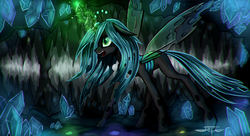 Size: 1840x1000 | Tagged: safe, artist:setharu, queen chrysalis, changeling, changeling queen, g4, cave, crown, crystal, female, jewelry, magic, open mouth, regalia, solo